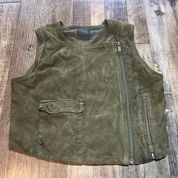 Diesel Suede Army Green Cropped Vest w/ Zipper Size Small - Picture 1 of 6